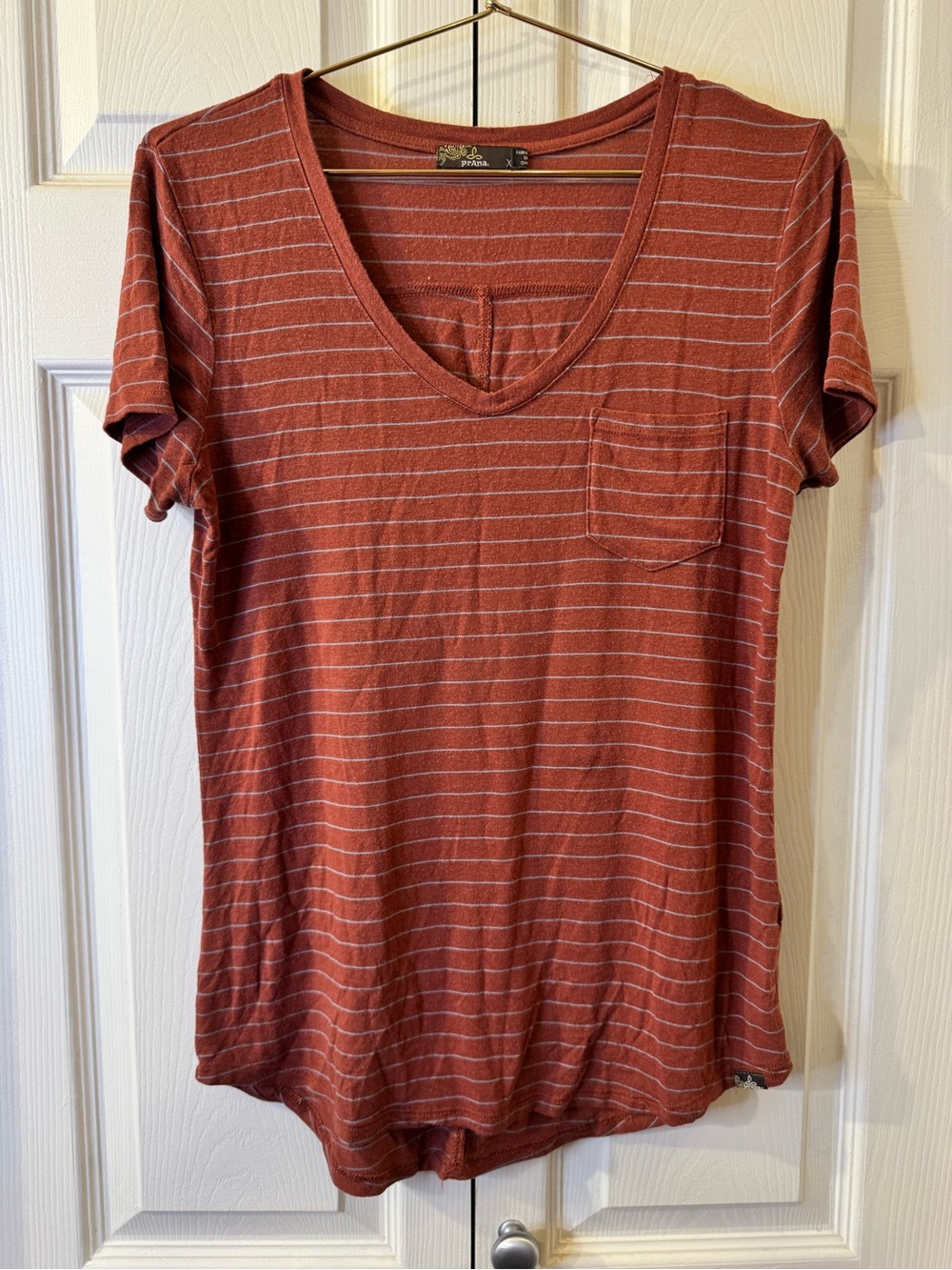 Prana Rust Striped V-Neck Pocket Tee